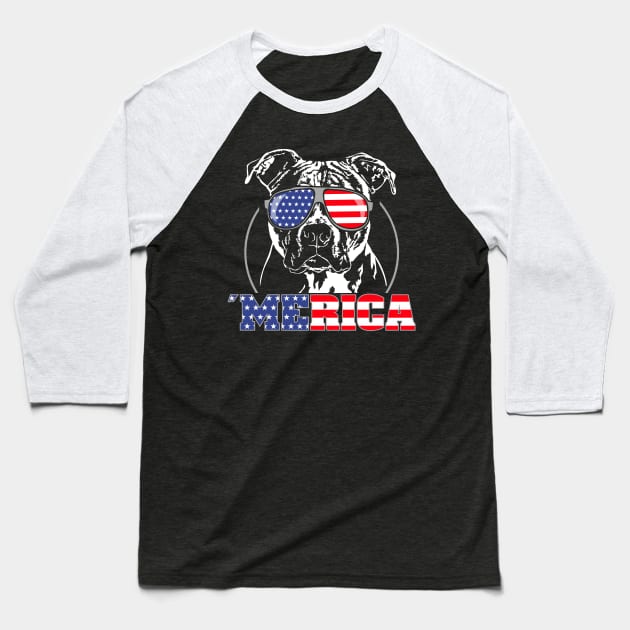 Proud Patriotic Merica Pitbull American Flag sunglasses Baseball T-Shirt by wilsigns